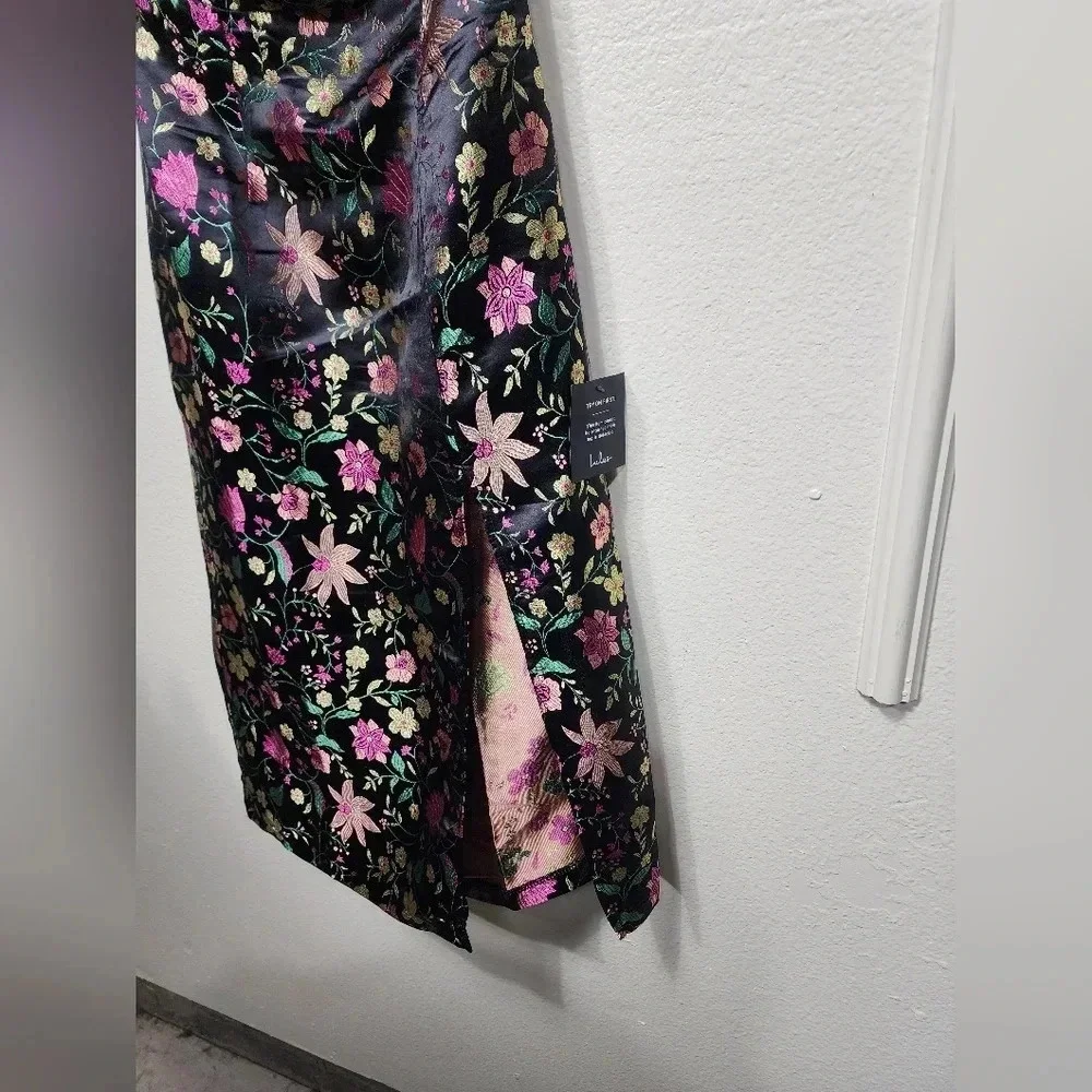 Lulu's Make a Move Black Satin Floral Jacquard Strapless Midi Dress Party - Picture 7 of 10